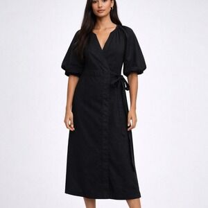 Banana Republic Puff Sleeve Midi Wrap Dress Black XS